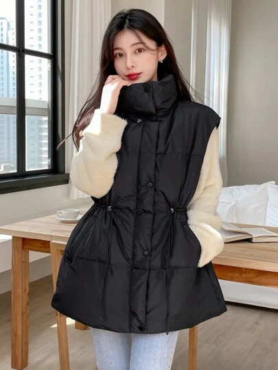 DAZY 女士冬季休闲纯色立领抽绳马甲棉服外套，黑色背心，冬季女装，冬季外套女夹克