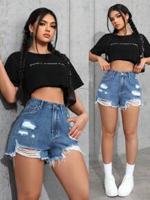 Women's Casual Distressed Frayed Hem Denim Shorts With Pockets - Medium Wash - View 7