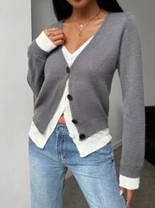 SHEIN LUNE Elegante cárdigan ajustado de dos en 1 con bloques de color para mujeres