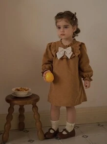 SHEIN Vintaside Kids Baby Girl Elegant Contrast Color Bow Decor Casual Dress, Fall/Winter - Multicolor - View 9