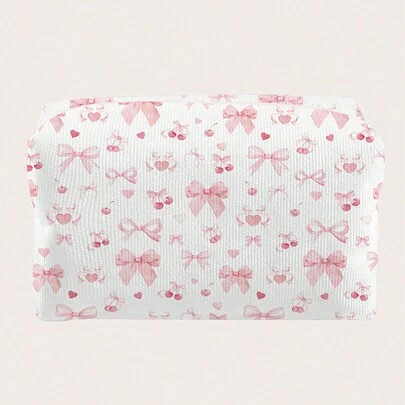 ROMWE Kawaii Velvet Makeup Pouch With Bow, Cherry & Heart Pattern