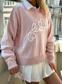 EURMUSE Casual Contrast Color Love And Heart Shape Pattern Embroidery Crew Neck Cute Sweater - Dusty Pink - View 6