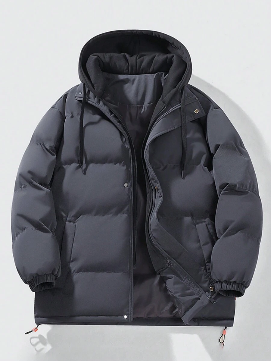 Men 1pc Drawstring Hooded Padded Coat - Coffee Brown - View 1