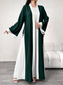 Yasmyna Ladies Solid Color Patchwork Long Sleeve Drawstring Loose Abaya, Casual,Modest Maxi Length Robe, Spring/Summer - Dark Green - View 7