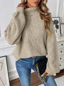 SHEIN LUNE Solid Color High Collar Cable Knit Casual Long Sleeve Sweater, Knit Pullover Fall Winter - Apricot - View 7