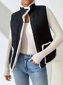 SHEIN Essnce Chaleco sin mangas con botones delanteros, ribete de contraste y parches de piel, para uso casual