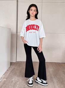 SHEIN 2 peças/Conjunto Camiseta de Manga Curta com Fenda Alta e Estampa de Letra e Legging Casual Solta para Meninas Pré-Adolescentes