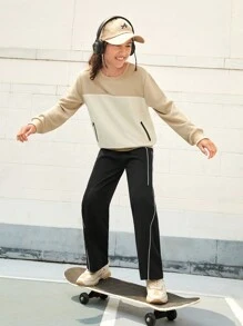 SHEIN Pantaloni neri con design a blocchi di colore, vestibilità morbida, adatti per ragazze pre-adolescenti per sport all aperto, escursioni, campeggio e uso casual in città, alla moda