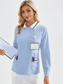TaskEZ Striped Design Long Sleeve Fitted Healthcare Uniform Scrub Top With ID Badge Holder - Blue and White - View 4