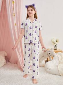 SHEIN Tween Girl 熊印花 V 领短袖衬衫和宽松长裤休闲家居服套装 - 紫色 - 查看 7