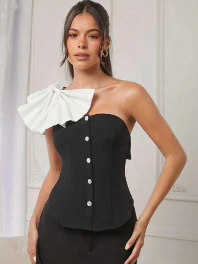 L'Amorae Button Down Corset With Asymmetric Back Collar & Contrast Bow