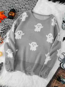 PUNK Suéter informal de manga larga con estampado divertido de fantasma de Halloween para mujer, otoño e invierno