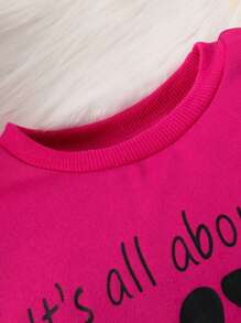 SHEIN 2pcs/Set Baby Girl Fashion Minimalist Puff Sleeve Sweatshirt With Letter Slogan Print And Denim Effect Printed Pants, Outfit For Autumn