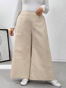 SHEIN Essnce Quần ống rộng kẻ sọc rộng rãi cỡ lớn - Màu be - Xem 5