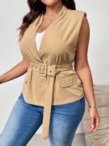 SHEIN Privé Plus Size Women Apricot Color Tie Front Suit Vest, New Arrival Fall - Khaki - View 3