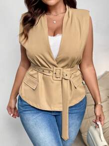 SHEIN Privé Plus Size Women Apricot Color Tie Front Suit Vest, New Arrival Fall - Khaki - View 6