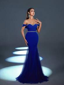 Faeriesty 露肩网眼拼接美人鱼下摆礼服 - 寶藍色 - 查看 7