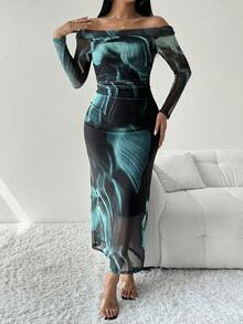 Chiquease Vestido transparente con estampado de teñido anudado con hombros descubiertos - Multicolor - Ver 4