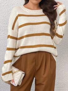 Celure Áo len nữ cỡ lớn kẻ sọc cổ tròn tay raglan, kiểu dáng thường ngày, thích hợp cho mùa xuân và mùa thu, áo len dệt kim mùa thu. - Lạc đà - Xem 4