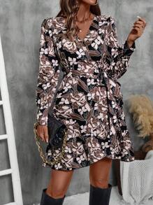 SHEIN Unity Vestido Longo de Manga Longa com Decote em V e Estampa Floral Feminino - Preto - Visão 3