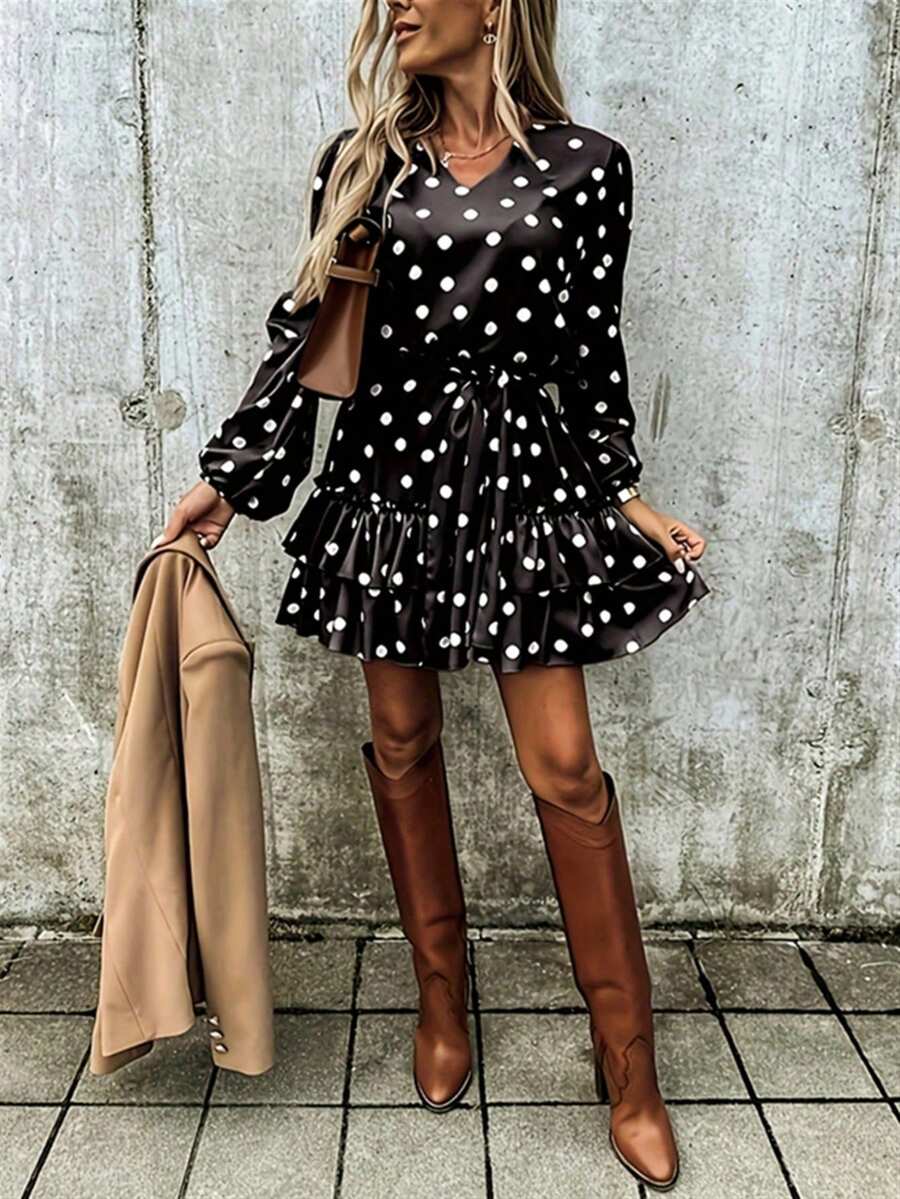 Women's Long Sleeve Polka Dot Tie Front Ruffle Hem Midi Dress - Black - View 1