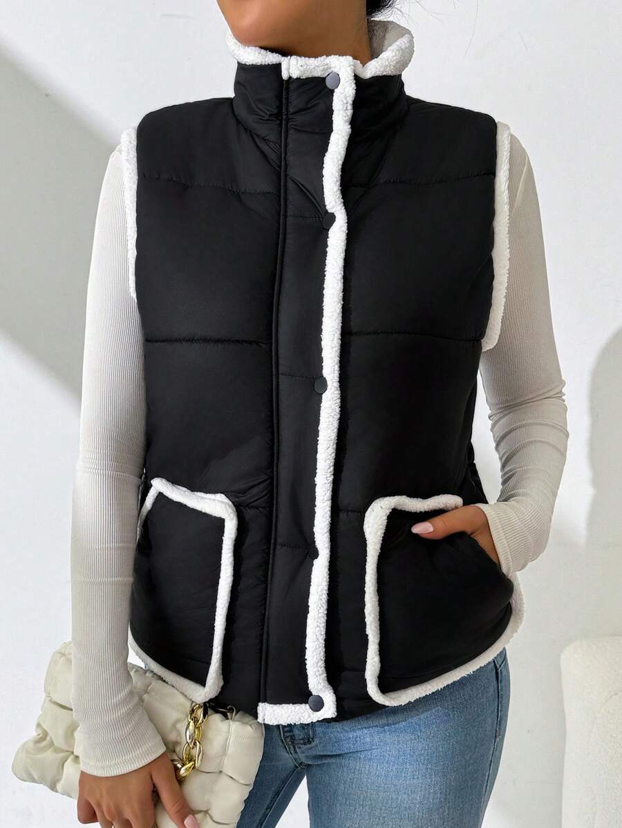 SHEIN Essnce Furry Patchwork Contrast Binding Front Button Sleeveless Vest, Casual Wear - Black - View 1