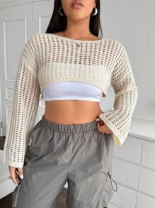 SHEIN EZwear 大码休闲纯色镂空针织短款毛衣，春夏 - 米色 - 查看 6