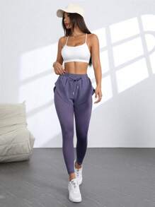 SHEIN Dewbera Women's Solid Color Elastic Waist 2 In 1 Running Leggings, Gym Clothes Yoga Pants - Purple - View 6