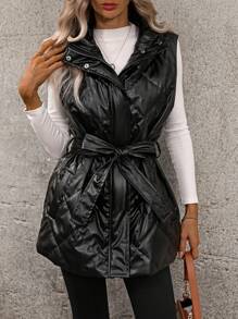 EMERY ROSE Women's Button Front Sleeveless Waist Tied Bow Ruched Fashion Winter Padded PU Jacket - Black - View 1