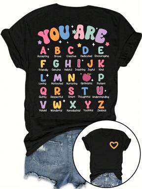 SHEIN MOOSTA Women Cute Colorful Print Round Neck Short Sleeve T-Shirt Graphic Tees Women Tops