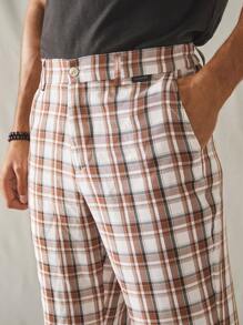 Manfinity VCAY Pantaloni casual da uomo a vita elastica aderenti con stampa a quadri - Cachi - Visualizzare 5