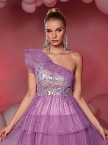 SHEIN Belle Elegante e luxuoso vestido roxo de um ombro plissado em malha contrastante com lantejoulas maxi em linha A, adequado para casamento, festa, formatura, baile de formatura, vestido semiformal, para aniversário, convidado de casamento, baile de formatura - Roxa - Ver 1