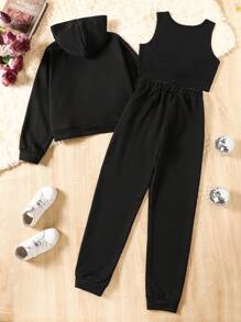 SHEIN Tween Girl 3pcs Hoodie Sweatshirt With Front Print - Black - View 2