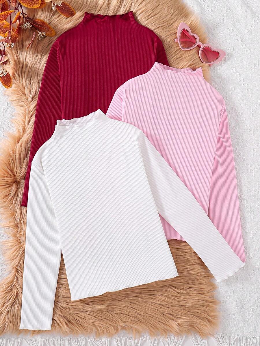 SHEIN Bộ 3 áo thun tay dài màu trơn dệt kim cho bé gái tuổi mới lớn - Nhiều màu - Xem 1