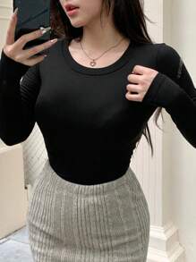 DAZY 女士黑色圆领长袖修身优雅迷人温柔甜美 T 恤 - 黑色 - 查看 4