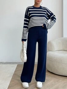 EURMUSE Women Irregular Stripe Pattern Round Neck Drop Shoulder Pullover & Sweater Pants Set - Navy Blue - View 4