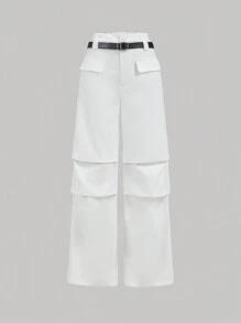 SHEIN MOD White Belted Pleated Cargo-Style Straight-Leg Pants,Gym Women Clothes,Cargo Women Pants,Business Women Clothes,Street Wear Women,Baggy Women Pants,Homecoming