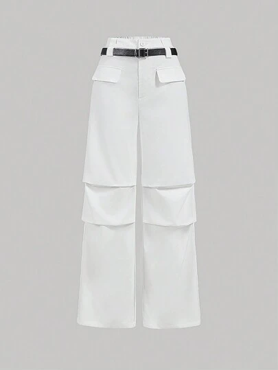 SHEIN MOD White Belted Pleated Cargo-Style Straight-Leg Pants,Gym Women Clothes,Cargo Women Pants,Business Women Clothes,Street Wear Women,Baggy Women Pants,Homecoming