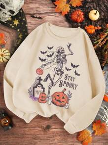 Tween Girls Halloween Theme Print Crew Neck Long Sleeve Sweatshirt - Apricot - View 1