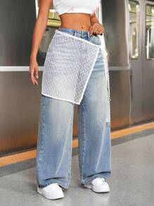 SHEIN EZwear 1pc Women's Denim Pants With Detachable Lace Hem Skirt, Blue - Multicolor - View 4