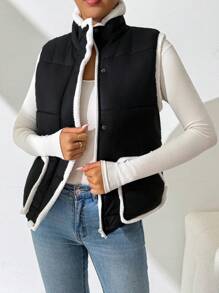 SHEIN Essnce Chaleco sin mangas con botones delanteros, ribete de contraste y parches de piel, para uso casual