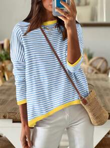 Suéter de punto casual a rayas para mujer, otoño/invierno - Azul - Ver 1