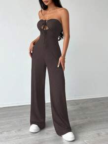 Flirla Women's Backless Lace-Up Hollow Open-Back Textured Y2K Sexy Strapless Jumpsuit - Coffee Brown - View 7