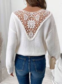 SHEIN LUNE pull élégant pour femmes avec col rond, épaules tombantes et contraste de dentelle, pour l'automne et l'hiver