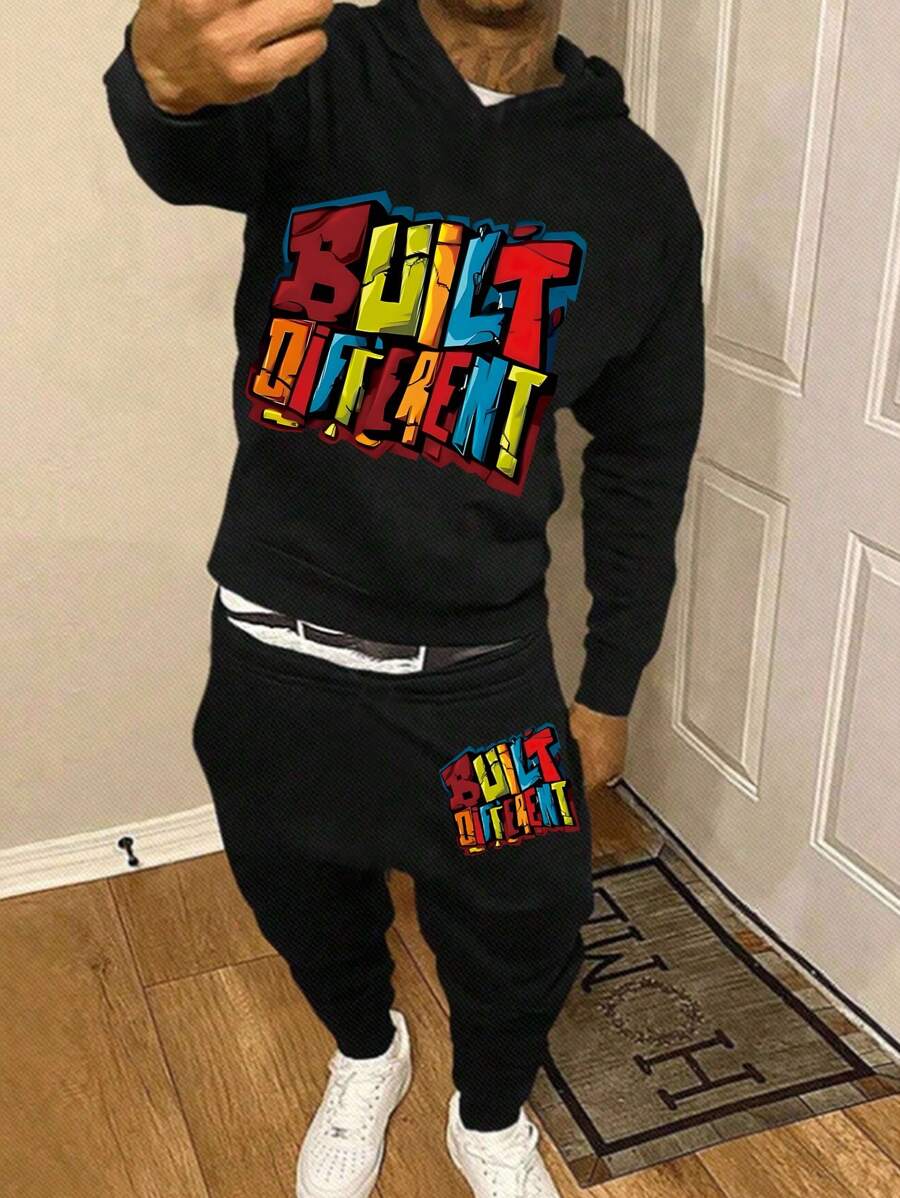 SHEIN Tween Boy 2 件套休闲装时尚假日街头通勤户外羊毛连帽运动衫和裤子套装，返校服装 - 黑色 - 查看 1