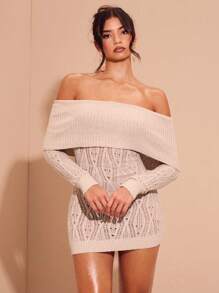 SHEIN X  Ignacia Antonia Chiquease 女士露肩修身纹理针织长袖修身优雅短款毛衣连衣裙 - 杏色 - 查看 4