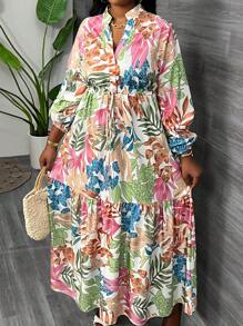 Slaydiva 大碼花卉印花燈籠袖連身裙 - 彩色 - 查看 6