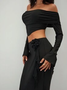 Aloruh Women's Elegant Black Summer 2-Piece Outfits Asymmetrical Top And Low Waist Bodycon Skirt Sets With 3D Flowers Decorated Night Out Party Dresses - Black - View 2