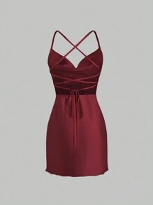 Sweetra Women Spaghetti Strap Backless Criss-Cross Back Satin Lapel Fitted Elegant Dress Burgundy Color Women Outfit - Burgundy - View 2