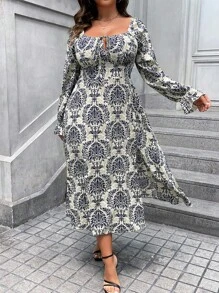 SHEIN Clasi 大码方领结饰印花长袖连衣裙 - 藏蓝色 - 查看 8